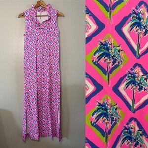 Lulu-B | Pink Tropical Palm Tree Print Ruffle Maxi Dresss